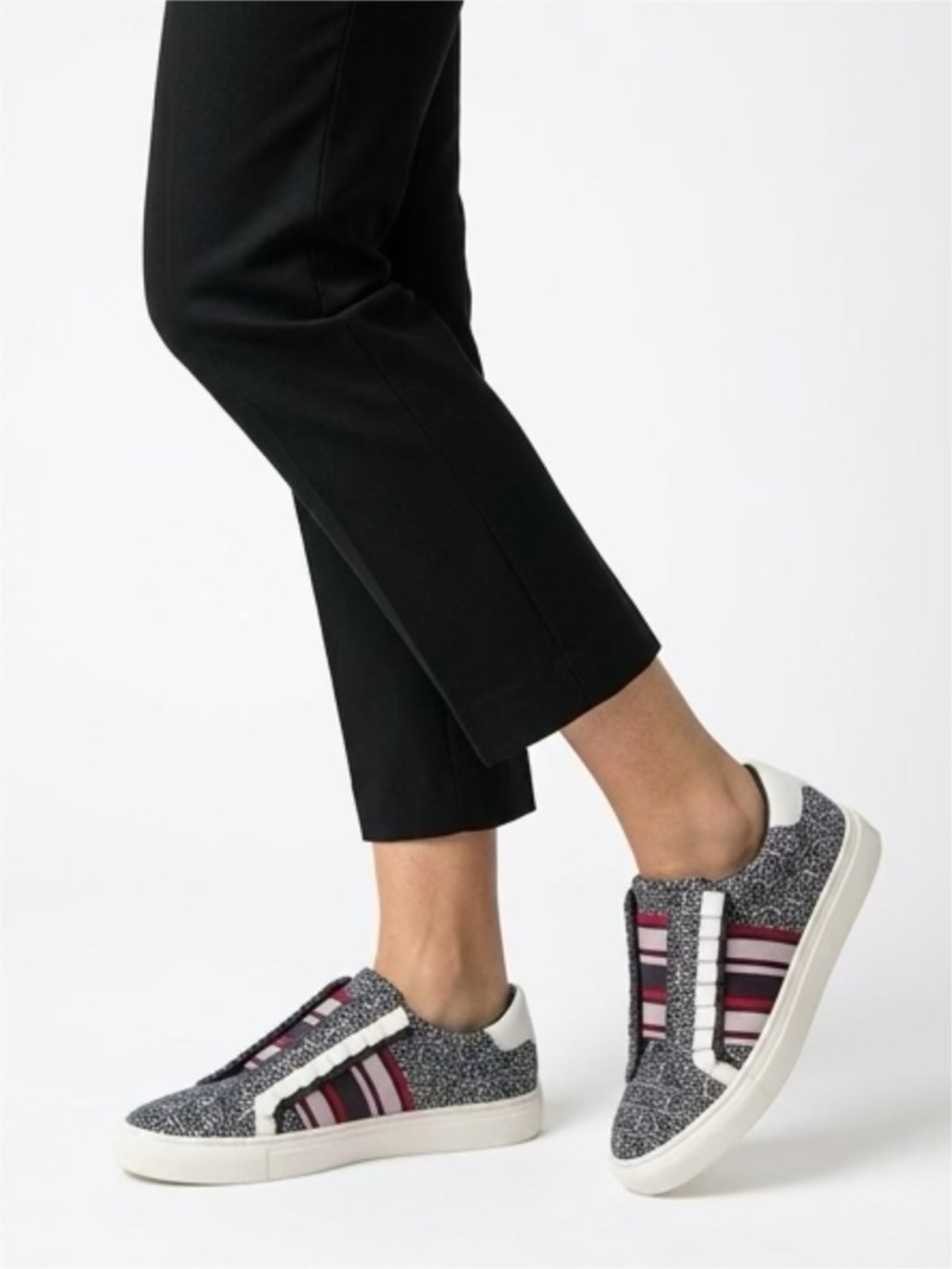 Tory Sport Gray Tweed Slip-On Sneakers with Pink and Black Stripes